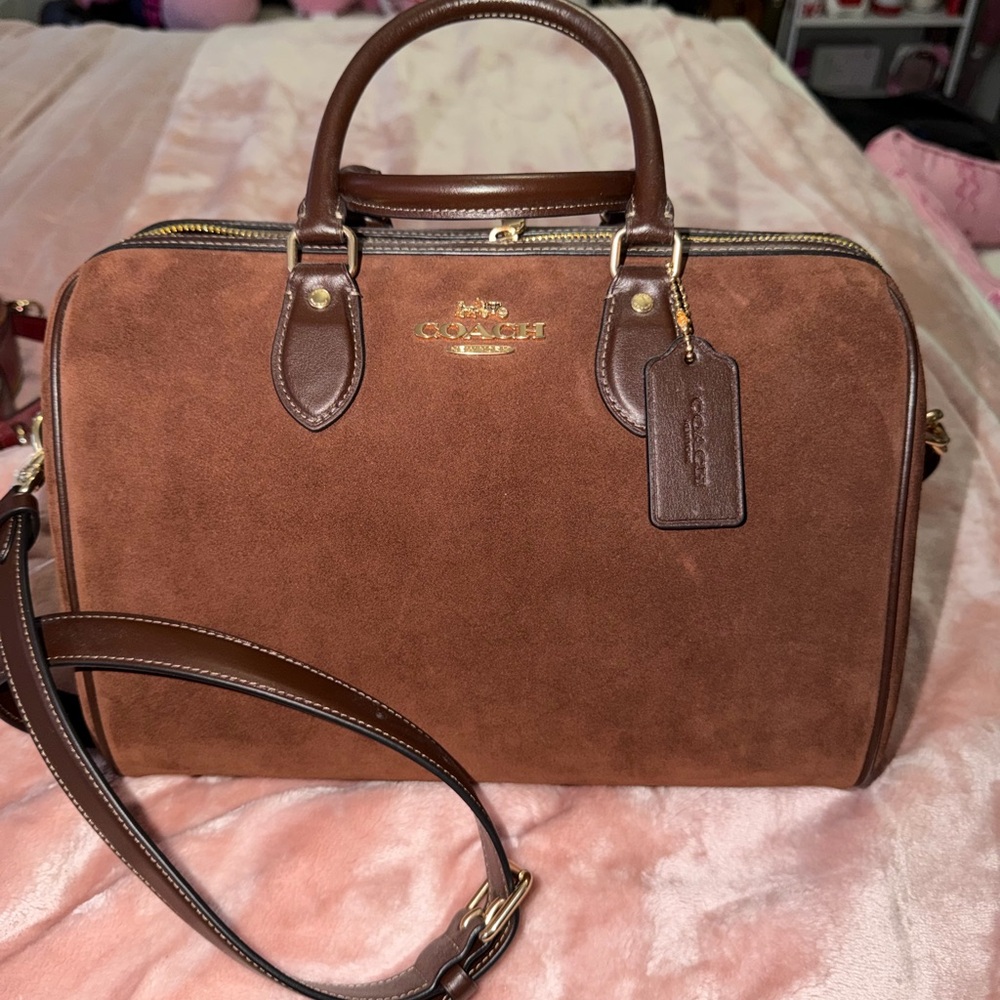 Coach Brown Suede Leather Large Rowan Satchel Bag